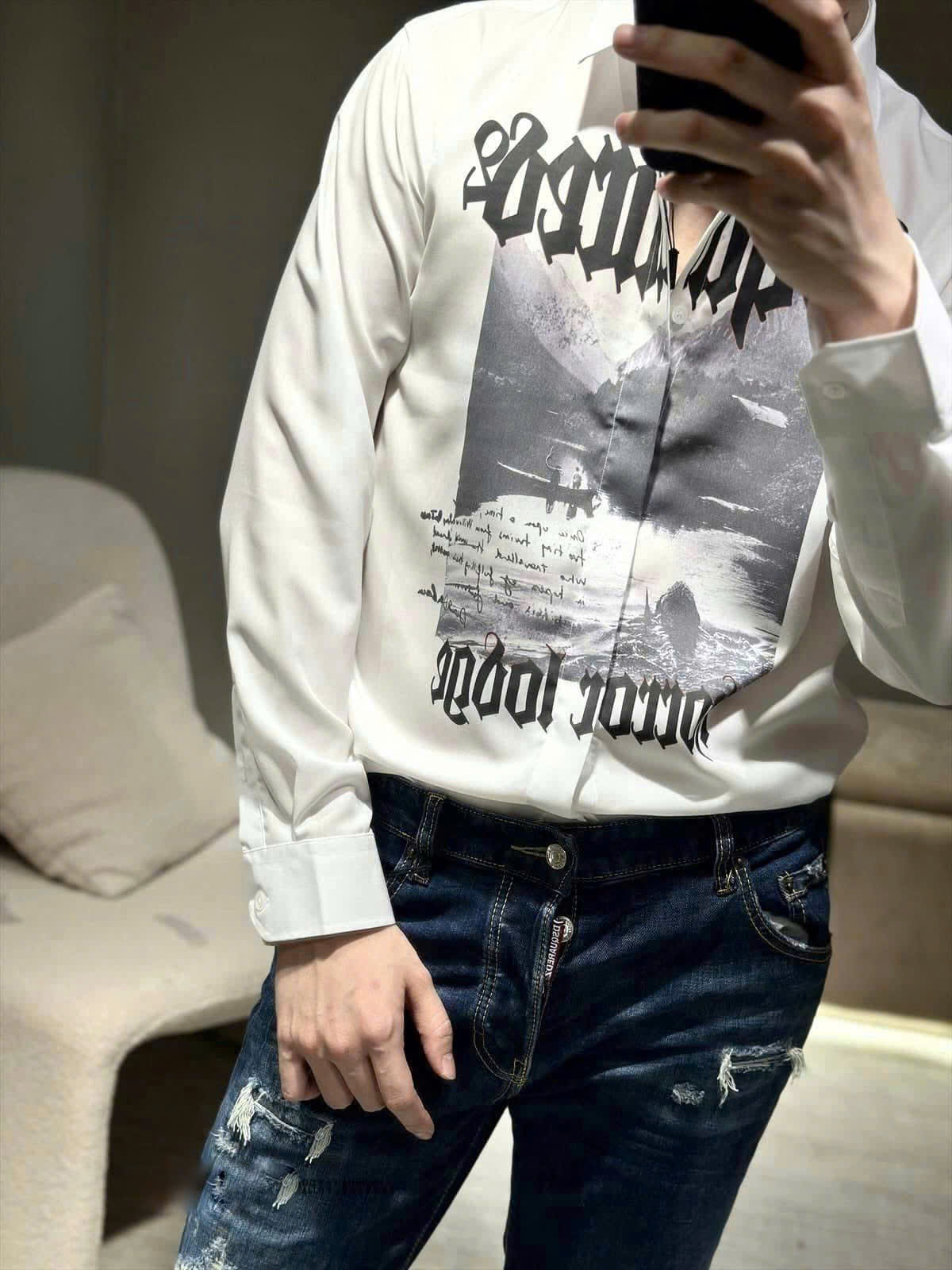 Áo sơ mi dài tay Dsquared2 DSQ2 Trắng họa tiết logo chữ ngực Like Auth on web CD